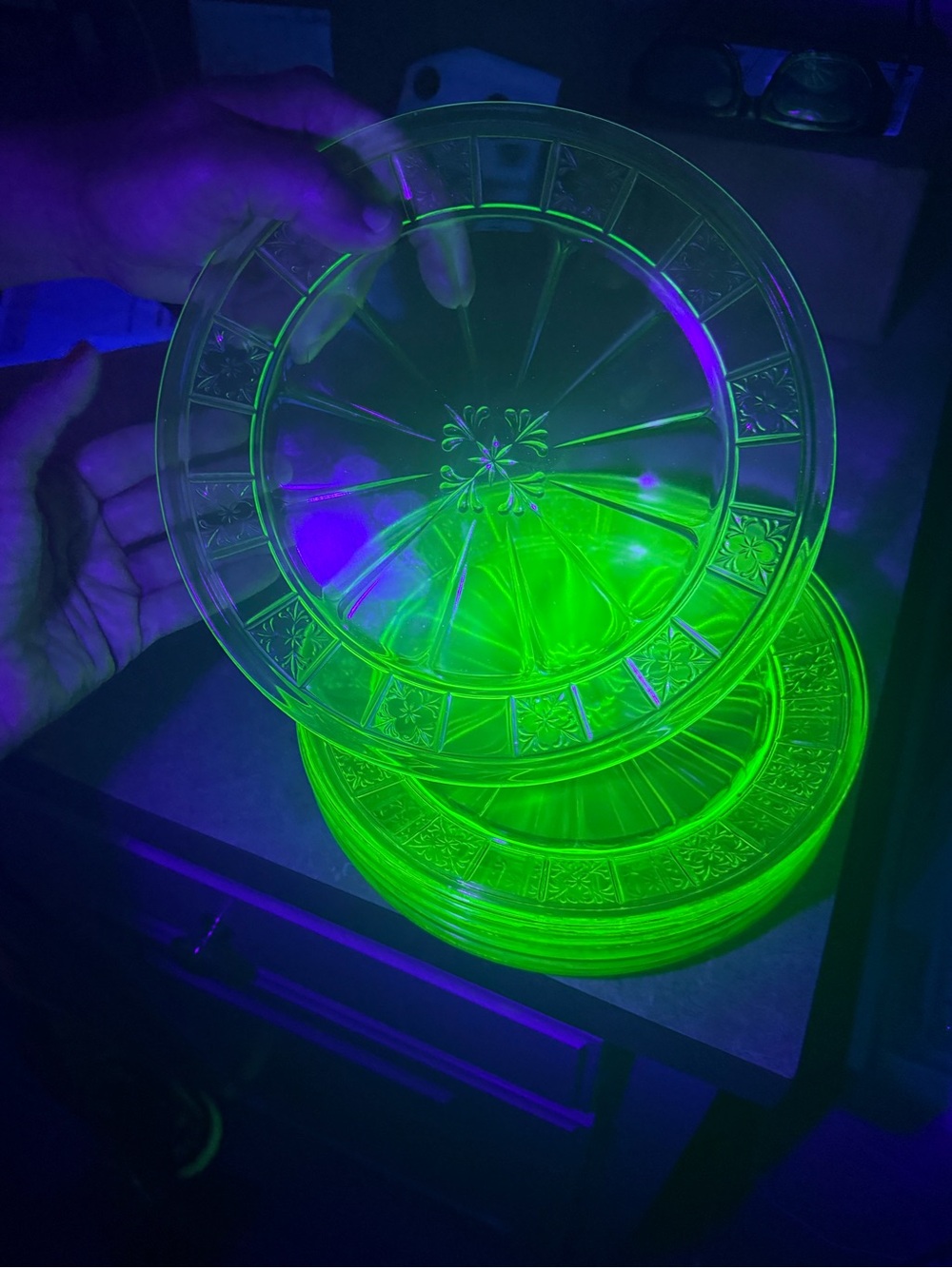 Vintage Uranium Glass Dessert Plates Set of 8 UV Reactive Green Depression Glass